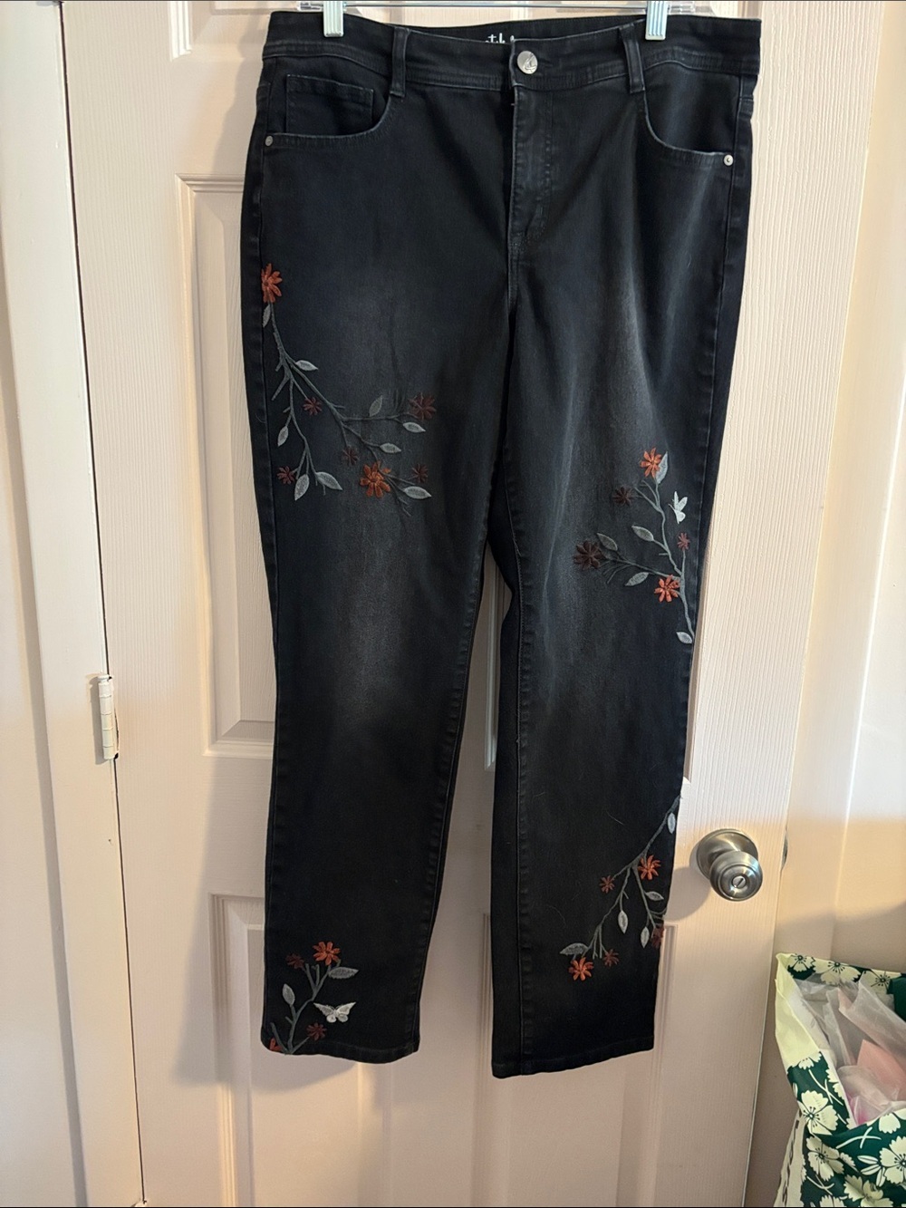 Style & Co. Black Straight Leg Jeans with Floral Embroidery